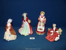 Four figures of ladies with bonnets and red dresses/shawls to include three Royal Doulton -