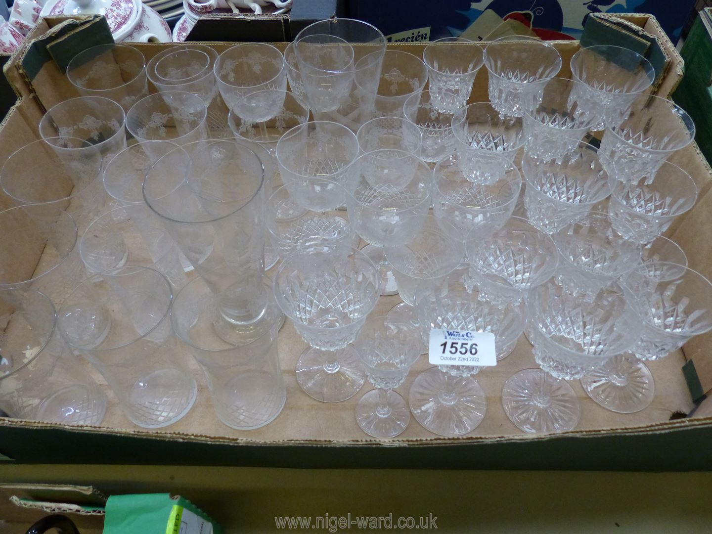 A quantity of glasses including etched tumblers and cut and etched wine and sherry glasses etc. - Image 2 of 2
