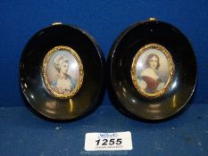 A pair of miniature portraits on porcelain of ladies, indistinct signatures and in modern frames,