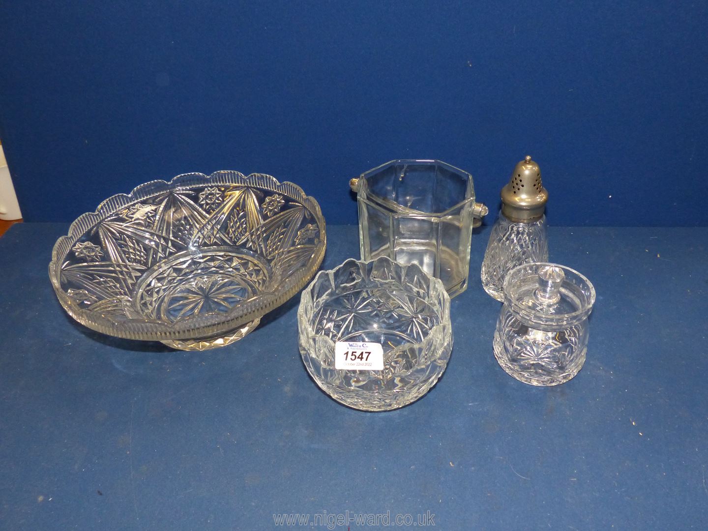 A small quantity of glass including bowls, sugar shaker, preserve pot and ice bucket.