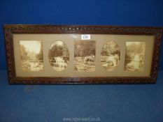 A rectangular Oak Frame with five Victorian sepia photographs. 27 1/2" wide x 10 1/2".
