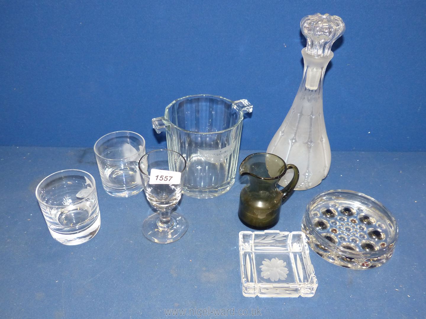 A quantity of mixed glass including an ice bucket, frosted glass decanter, crystal ashtray etc.