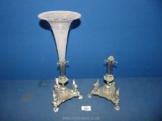 A pair of Eperge table centrepieces, three footed, winged Sphinxes to base, one with glass flute,