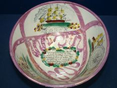 A good 19th c Sunderland lustre 'Trade and Commerce' pearlware Bowl printed and painted with