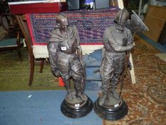 A pair of French Spelter warriors a/f., 32" tall on wooden base.