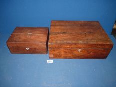 Two wooden boxes both missing interior shelf, both having mother of pearl inlay to keyhole,