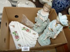 A pair of matt ceramic spill vase figures of a girl an boy in pale blue costumes and a quantity of