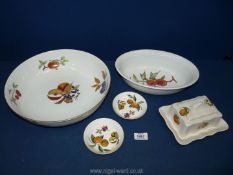 A large circular Royal Worcester 'Evesham' bowl, two Royal Worcester 'Arden' pin trays,