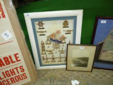 A large framed display of nautical knot examples, etc.
