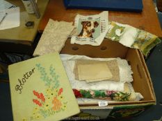 A quantity of linen and needlepoint panels including damask, crocheted,