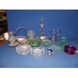 A quantity of mixed glass including Uranium glass dressing table set, plated glass centre piece,