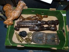 A quantity of miscellaneous to include pair of old horse show shoe, carved ethnic figures,
