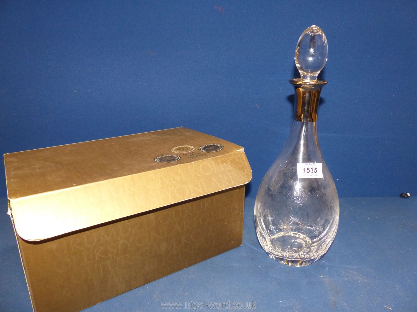 A limited edition Turkish/Cypriot glass decanter with etched design and white metal collar, boxed, - Image 2 of 2
