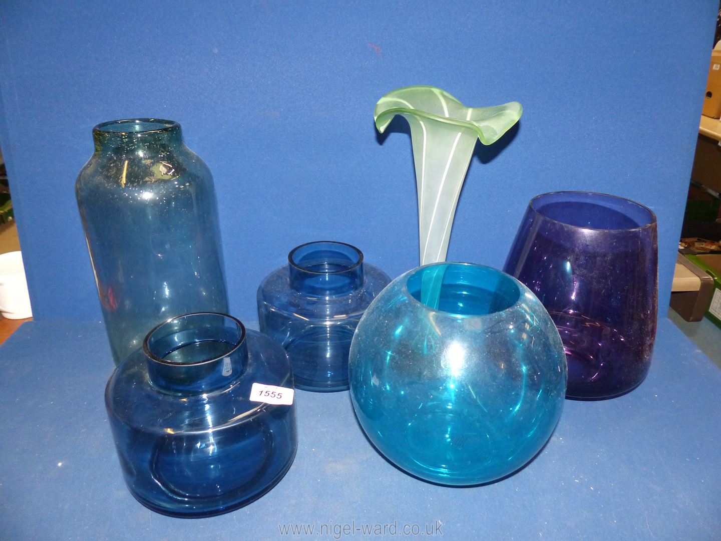 A quantity of coloured glass vases including pair of blue, tall green and white frosted fluted rim, - Image 2 of 2