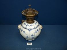 A blue and white Danish "blue onion" porcelain lidded Pot converted to an oil lamp,