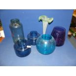 A quantity of coloured glass vases including pair of blue, tall green and white frosted fluted rim,