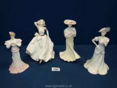 Four Coalport figures of ladies to include two 'Ladies of Fashion'- lady in pale yellow dress and