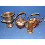 Two copper kettles, one with acorn finial, plated champagne bucket and copper coffee pot, some a/f.