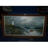 A large framed Oil on canvas depicting a lighthouse and a boat on the shore,