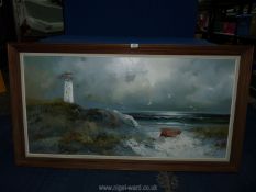 A large framed Oil on canvas depicting a lighthouse and a boat on the shore,