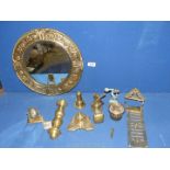 A small quantity of brass including brass bevelled mirror, inkwell, windmill, bells, frames, etc.