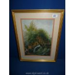 A framed and mounted Watercolour depicting a water mill and figure,