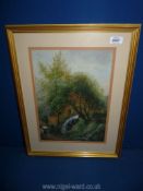 A framed and mounted Watercolour depicting a water mill and figure,