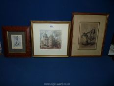 Three framed and mounted Prints including 'Castell Coch', 'Nude seated' and a couple dancing.
