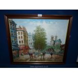 A framed Oil on canvas of a French street scene, indistinctly signed lower right, 26 1/2" x 22 1/2".