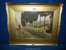 A gilt framed lithograph depicting a rural landscape with a monk reading a book,