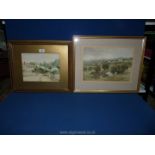 A framed and mounted Watercolour depicting figures in a village scene, no visible signature,