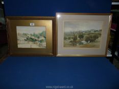 A framed and mounted Watercolour depicting figures in a village scene, no visible signature,
