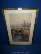 A framed and mounted maritime Watercolour depicting fish being sold with fishing boats in the