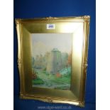 A gilt framed Watercolour label verso titled 'The Windmill Kerridge' initialed lower left H.I.