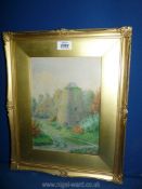 A gilt framed Watercolour label verso titled 'The Windmill Kerridge' initialed lower left H.I.