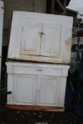 A painted wall cupboard and dresser base, 41" wide x 14" deep x 34" high.
