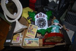 A plastic Cuckoo Clock, oriental wood carving, pictures etc.
