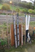 Two Free Range Egg signs, two spirit levels, two rakes,
