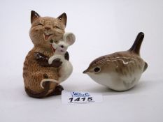 A small USSR china Wren, and a Beswick small Cat and mouse.