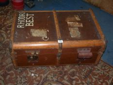 A large bentwood wood and canvas Trunk with metal fastening, luggage labels, a/f.