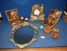 A small quantity of miscellanea including a small highly decorated mirror, two cased coasters,
