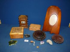 A quantity of miscellanea and treen including photograph frame, two vase stands, two small boxes,