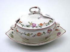 A rare 18th Century Chelsea porcelain sauce tureen with cover and stand,