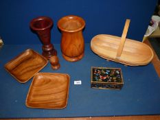 A small quantity of miscellanea to include; a garden trug, a large treen baluster vase (10" tall),
