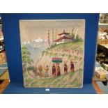 An oriental scene, with painted backdrop and featuring hand sewing and applique,