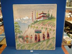 An oriental scene, with painted backdrop and featuring hand sewing and applique,
