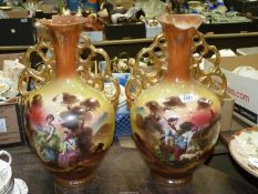 Two large Victorian vases, having gilded handles, transfer printed scenes, (damage to rim),