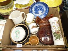 A small quantity of china including Portmeirion chicken in a basket, Denby casseroles,