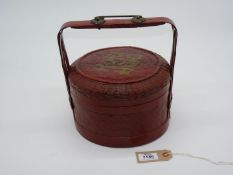 An antique Chinese woven bamboo Wedding Basket, decorated with red lacquer and shou symbols in gold,