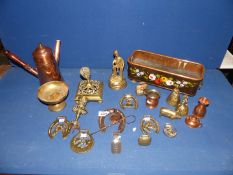 A small quantity of brass and copper items including Bargeware copper planter, horse brasses, bells,